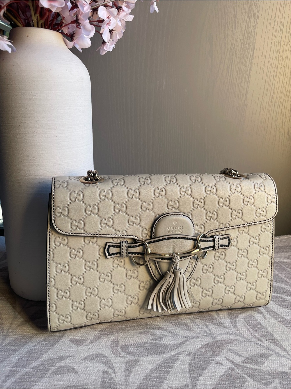 Gucci Beige GG Embossed Tassel Shoulder Bag with Chain Strap
